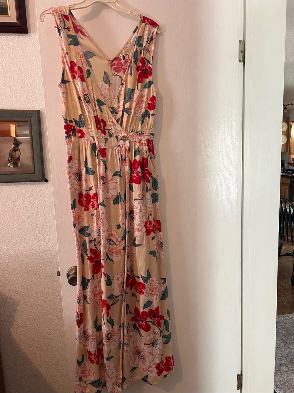 Roxy Peach Floral Wrap Maxi Dress with Red & Green Accents